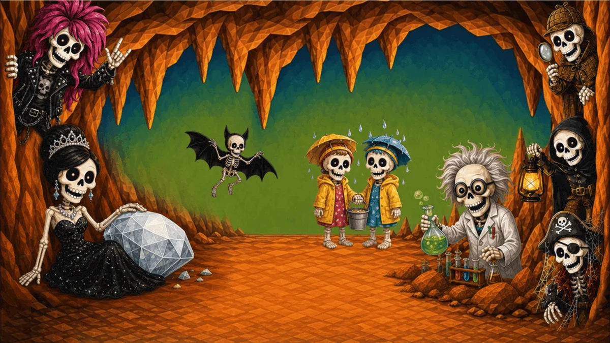 Illustration of ghouls ghosts bats and a mad scientist in a cave